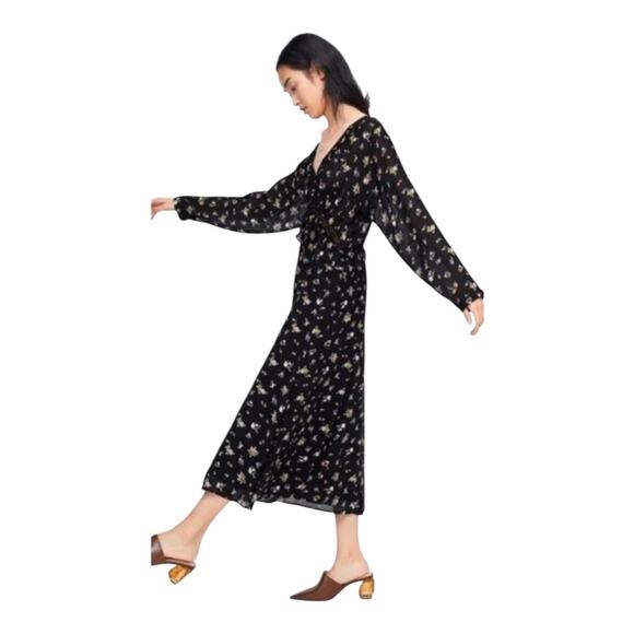 Zara Dresses & Skirts - NWT Zara Floral Peasant Midi Dress Long Sleeves Size L Black